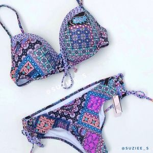 Victoria’s Secret Blue Patchwork Mosaic Print Lace up Bikini Set 34C/S NWT